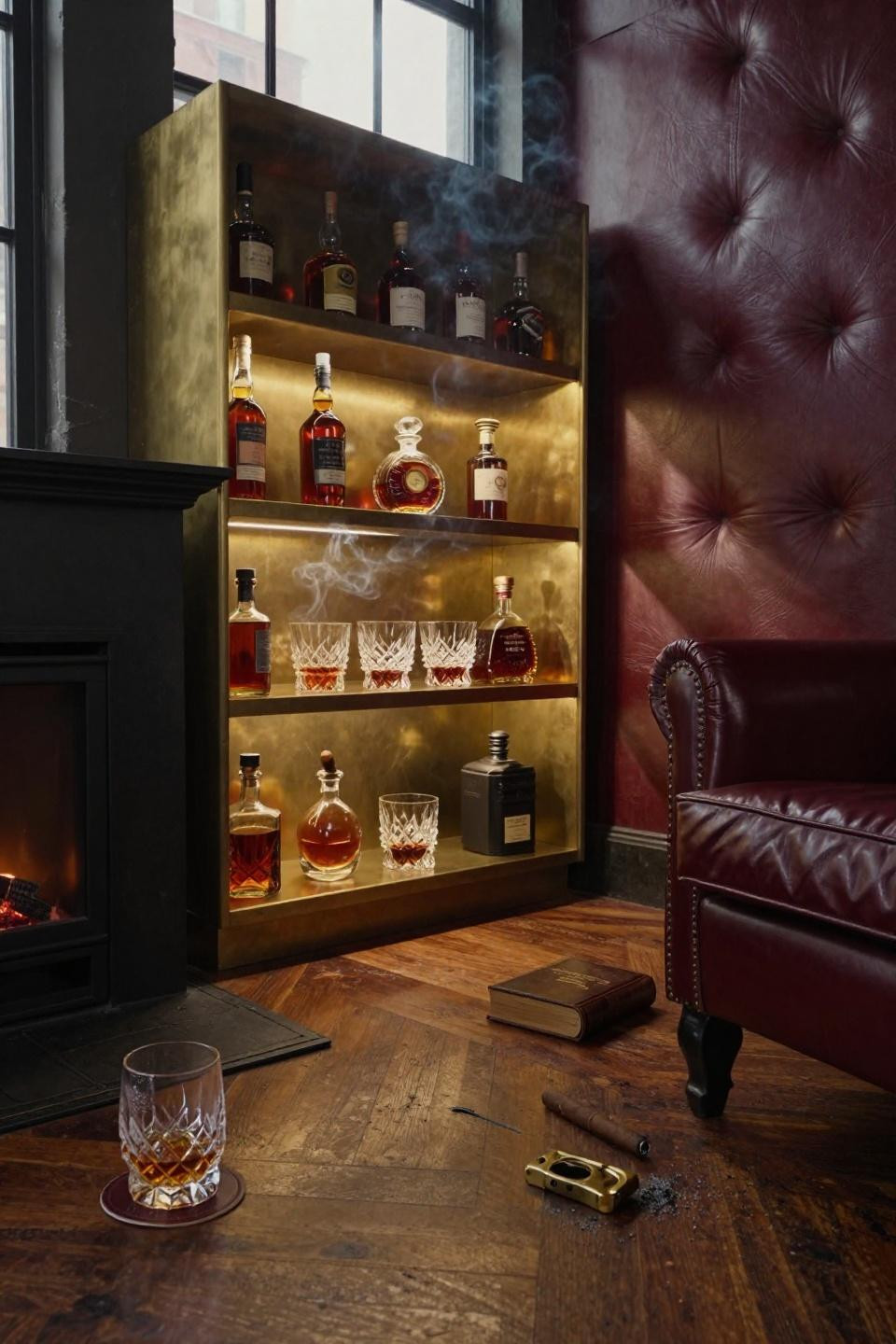 floor-to-ceiling unlacquered brass whiskey shelves with burgundy leather tufted wall panels and fireplace glow