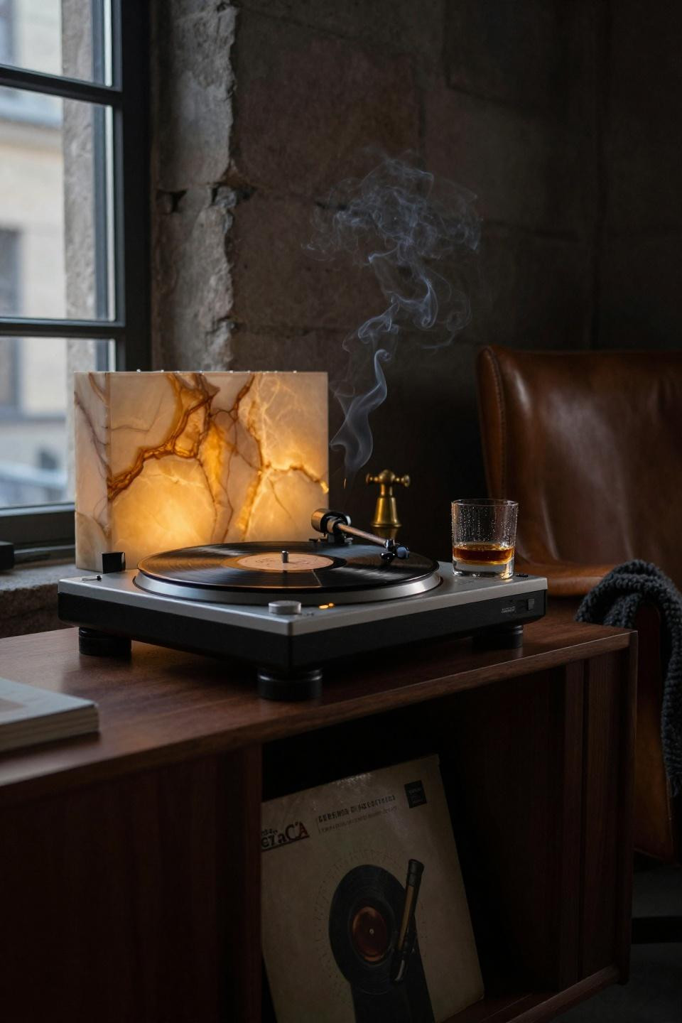 1970s technics turntable on walnut credenza with backlit onyx panel and cognac leather chair in copenhagen loft