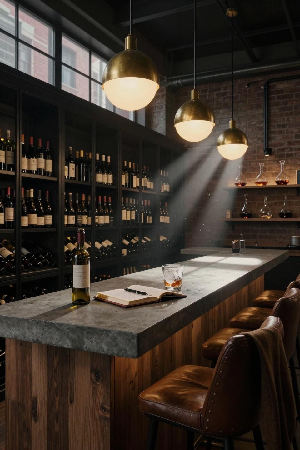 twelve-foot raw concrete bar countertop with visible aggregate over walnut cabinetry and brass globe pendants