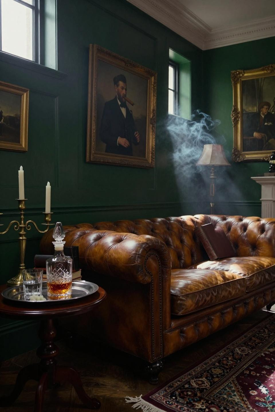 cognac leather chesterfield sofa against forest green tongue-and-groove wainscoting with brass candelabra