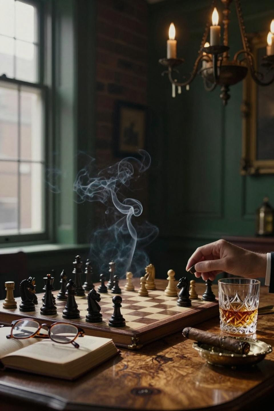 hand-carved ebony chess set on honey-toned walnut burl table in victorian study with brass chandelier