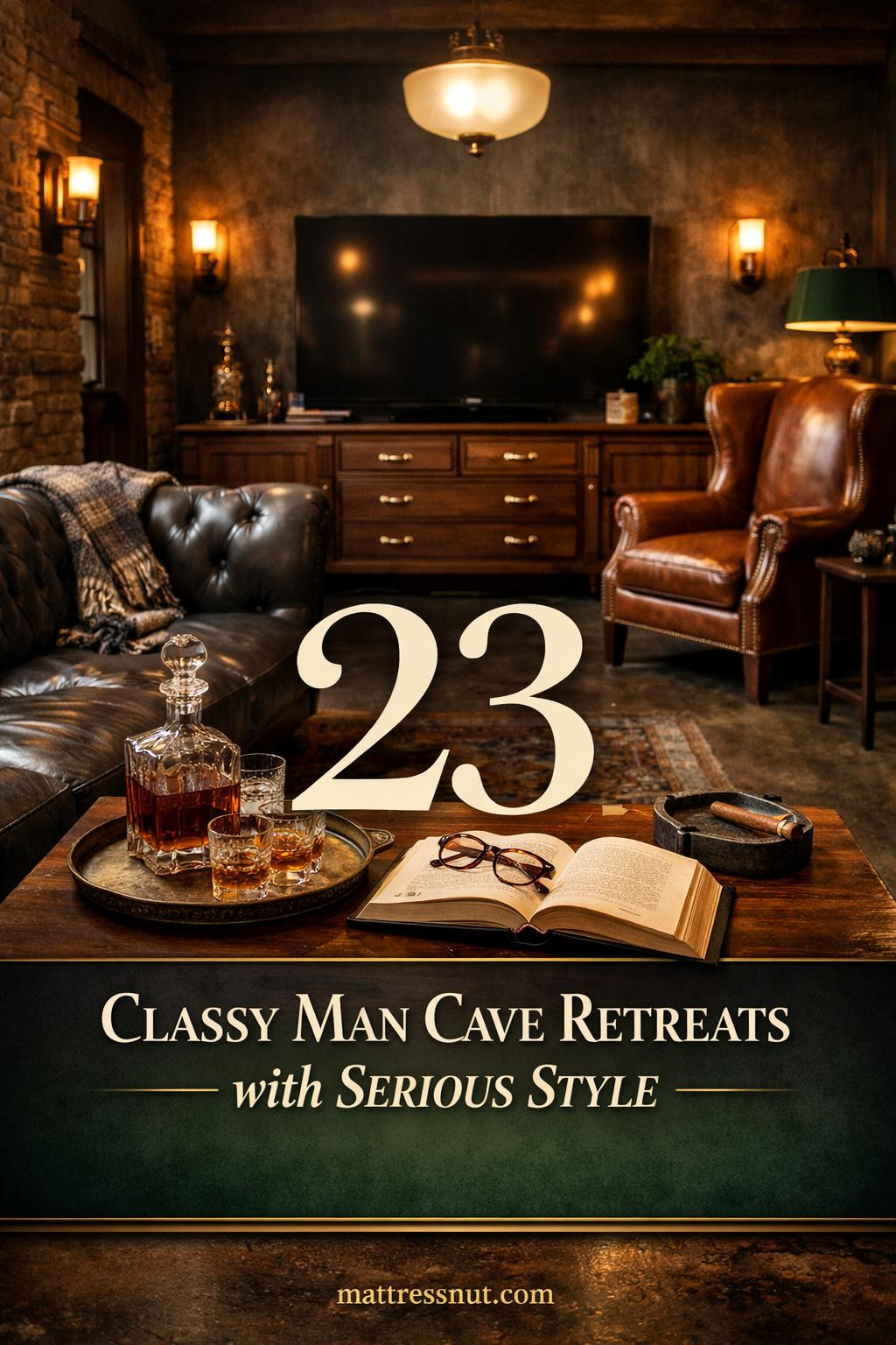 Sophisticated man cave featuring dark leather seating, wooden bar cabinet, vintage decor, and warm ambient lighting