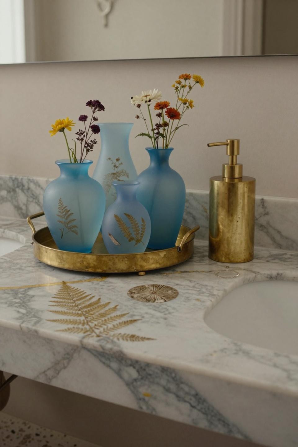 coastal villa bathroom with sculptural brass tray murano vessels containing preserved wildflowers and calacatta marble with fern fossils