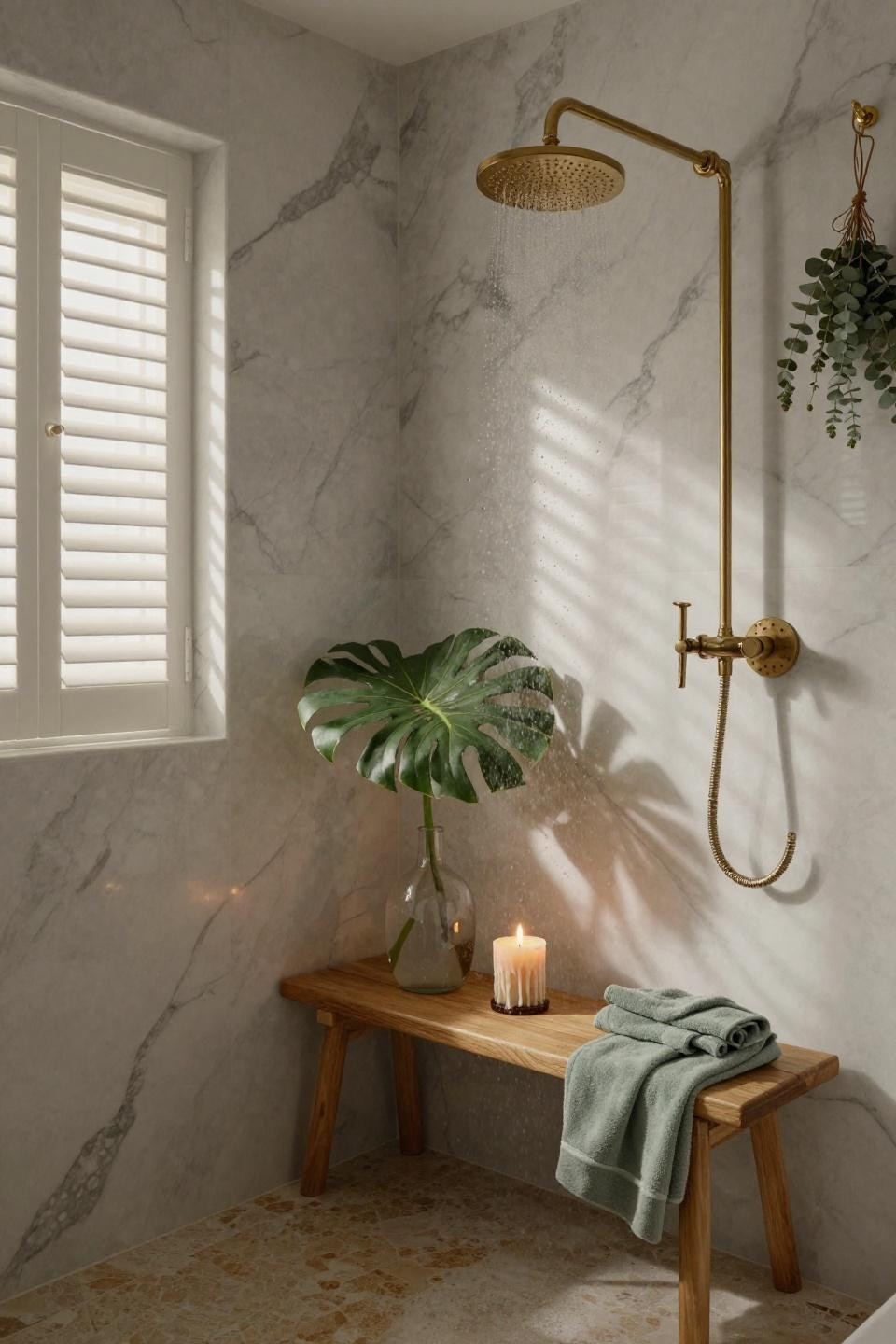cozy spa bathroom with floor-to-ceiling calacatta marble walk-in shower and built-in teak bench with brass fixtures