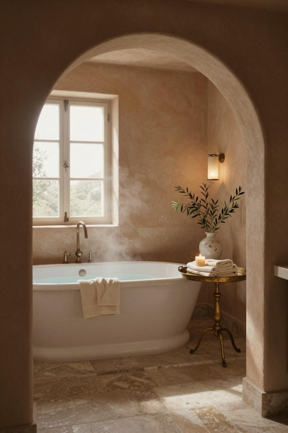 cozy bathroom with freestanding tub in arched alcove with lime-washed terracotta walls and aged bronze fixtures