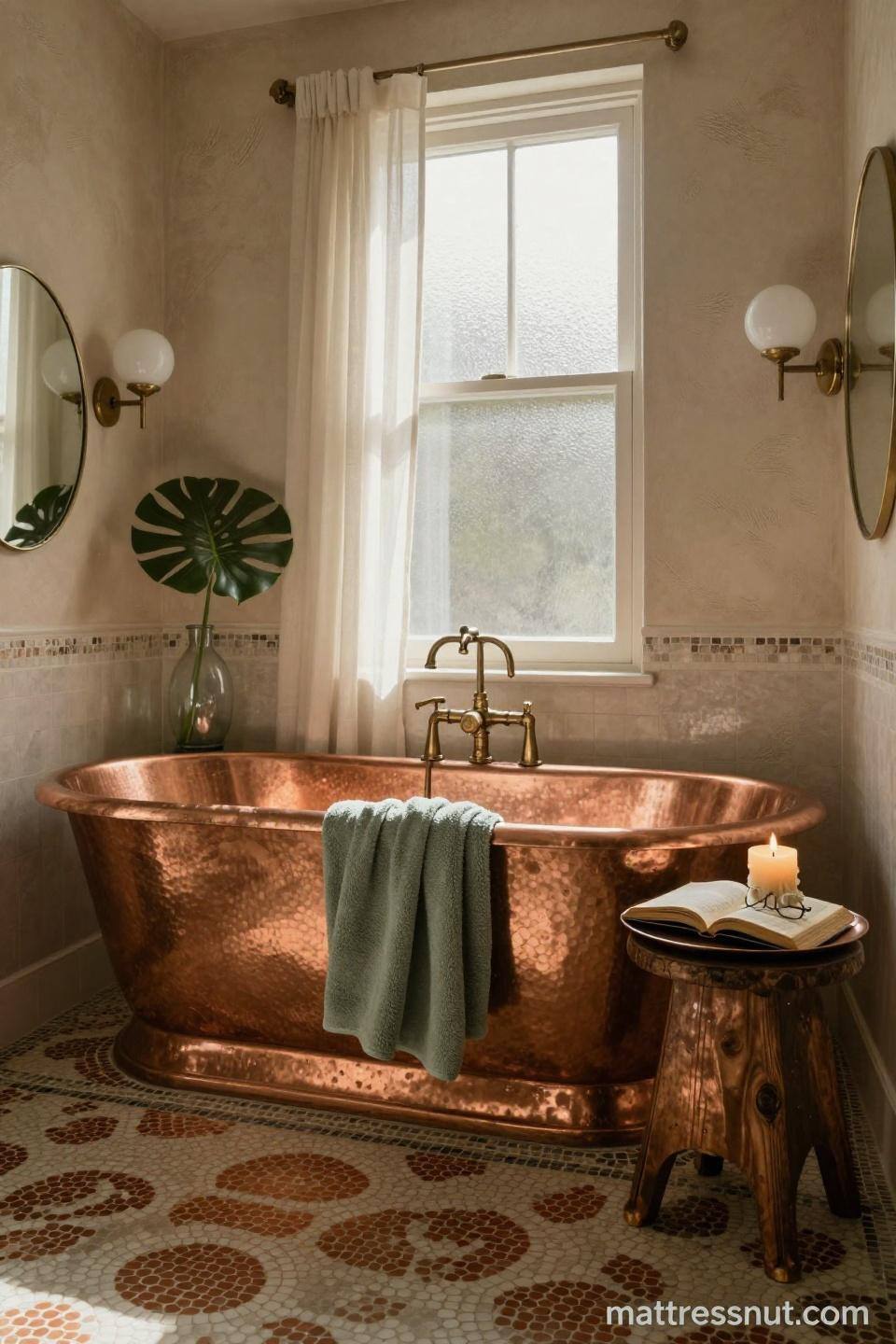 cozy bathroom with hammered copper soaking tub beneath frosted window and penny round terracotta mosaic floor tiles
