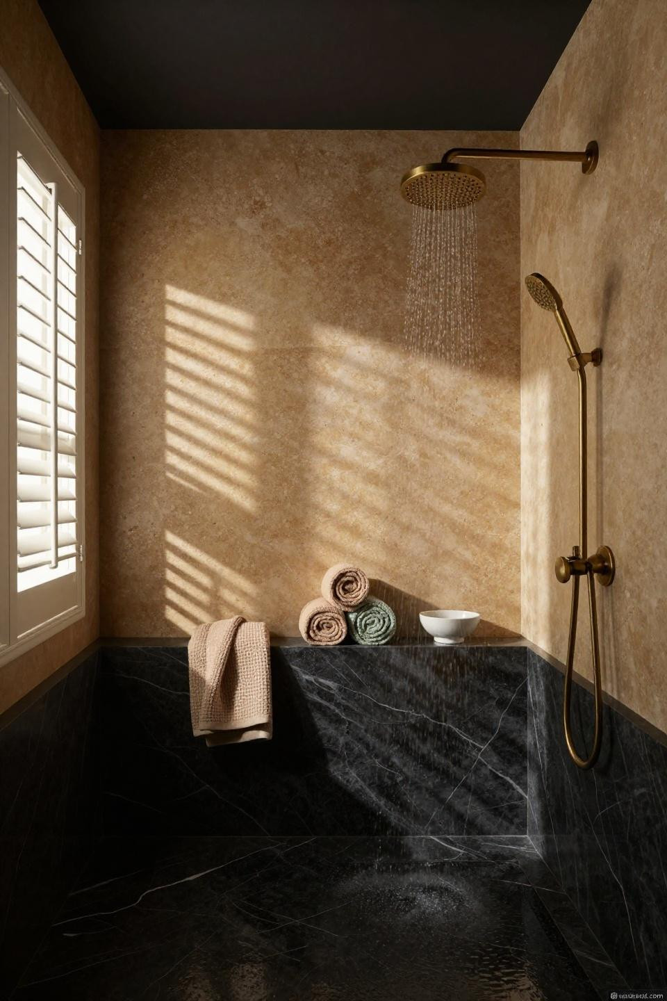 cozy bathroom wet room with double rainfall showers on black marble floor and travertine walls with brass fixtures