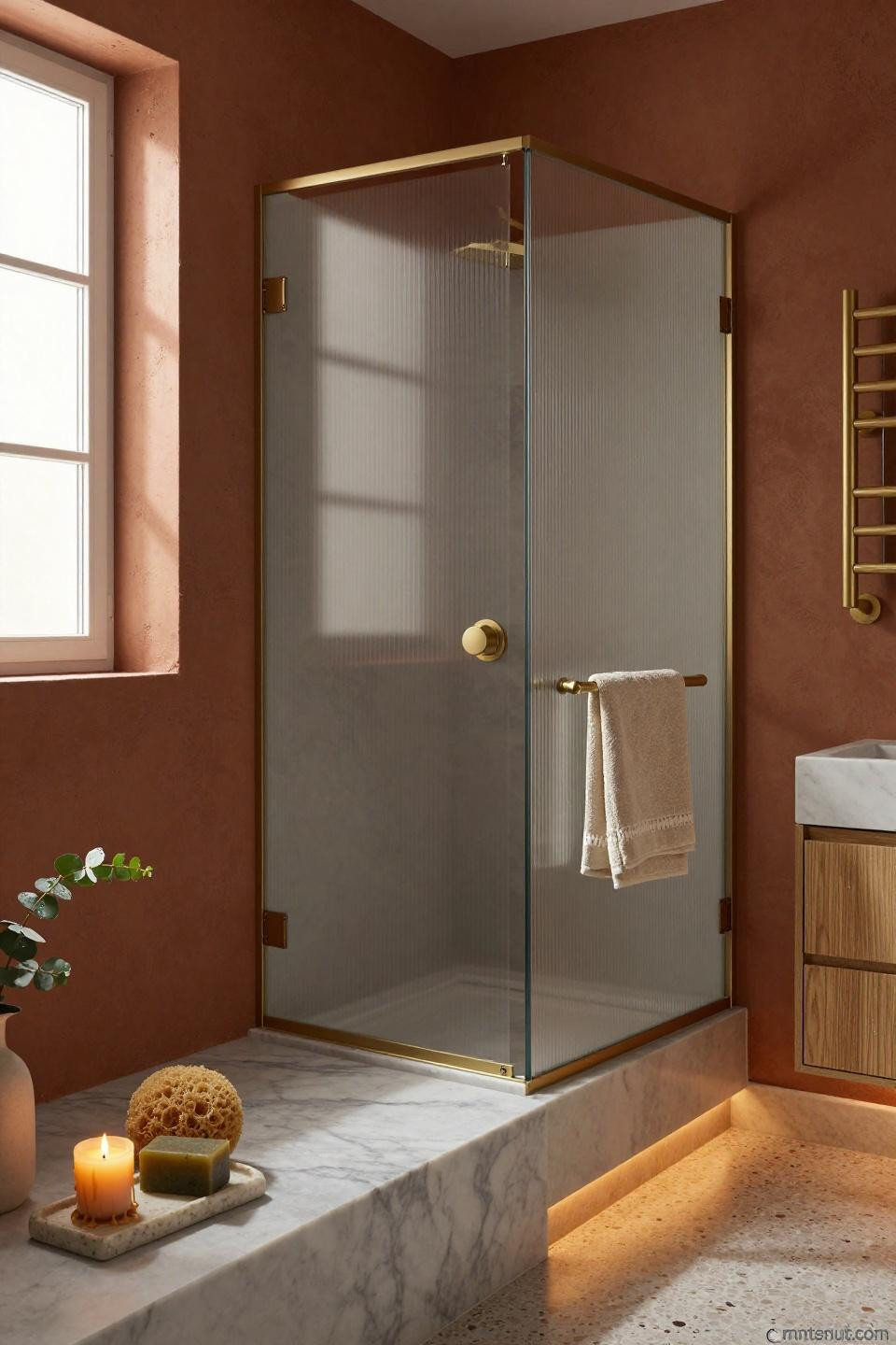 cozy bathroom with champagne bronze fluted glass shower partition and terracotta plaster walls beside brass towel bars