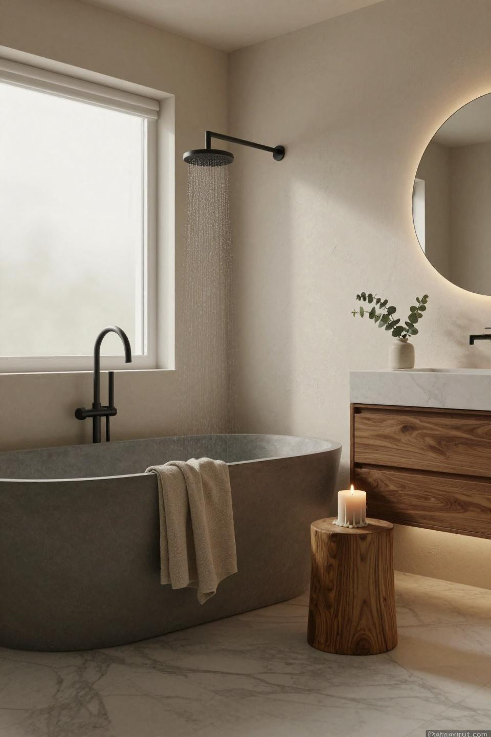 cozy scandinavian bathroom with charcoal concrete soaking tub and floating walnut vanity with led strip lighting