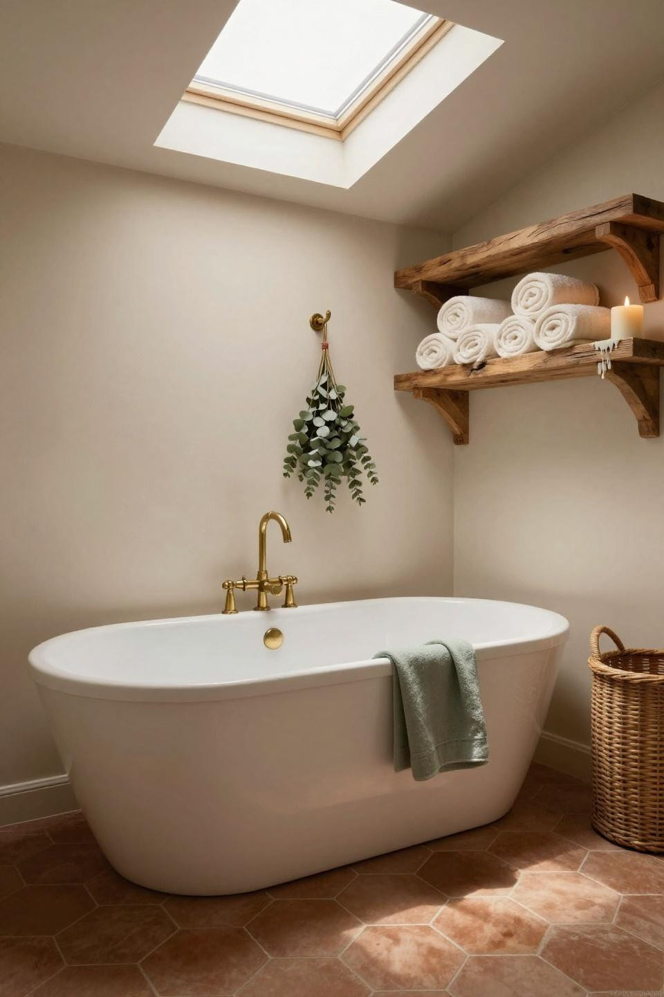 cozy bathroom with freestanding tub beneath skylight and terracotta hexagon floor tiles with oak beam shelving