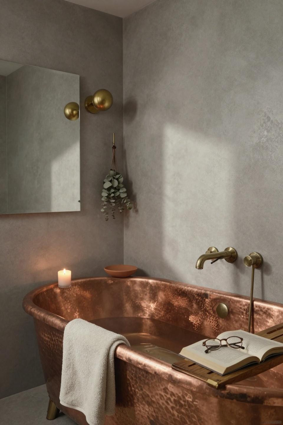 cozy contemporary bathroom with hammered copper soaking tub and pale grey micro-cement seamless walls