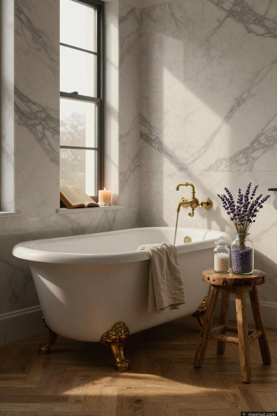 cozy bathroom with vintage clawfoot tub positioned against calacatta marble walls with dramatic grey veining