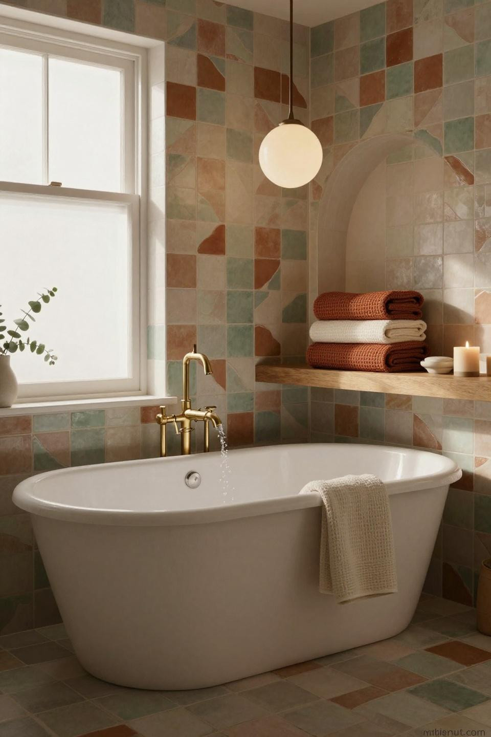 warm cozy bathroom with freestanding skirted tub in cream linen and hand-glazed zellige tile geometric pattern