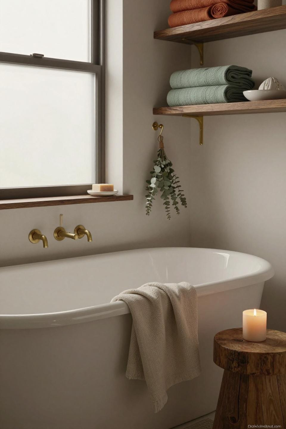cozy bathroom aesthetic with freestanding oval tub in matte cream and dark oak floating shelves holding terracotta towels