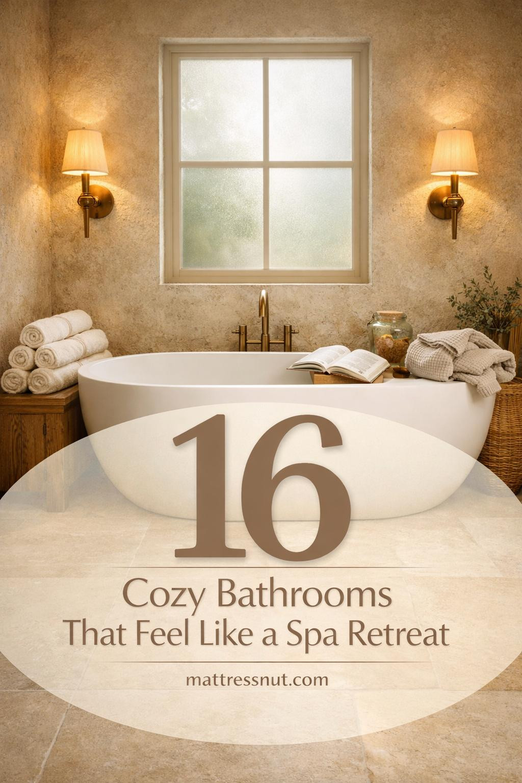 Warm bathroom with soft towels, natural wood vanity, candles, plants, and neutral tones creating relaxing spa atmosphere