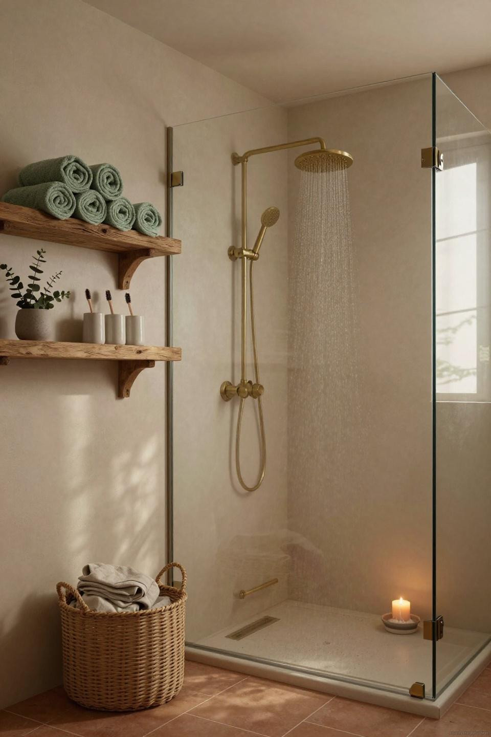 cozy aesthetic bathroom with glass-enclosed shower and reclaimed wood beam shelving holding sage green towels