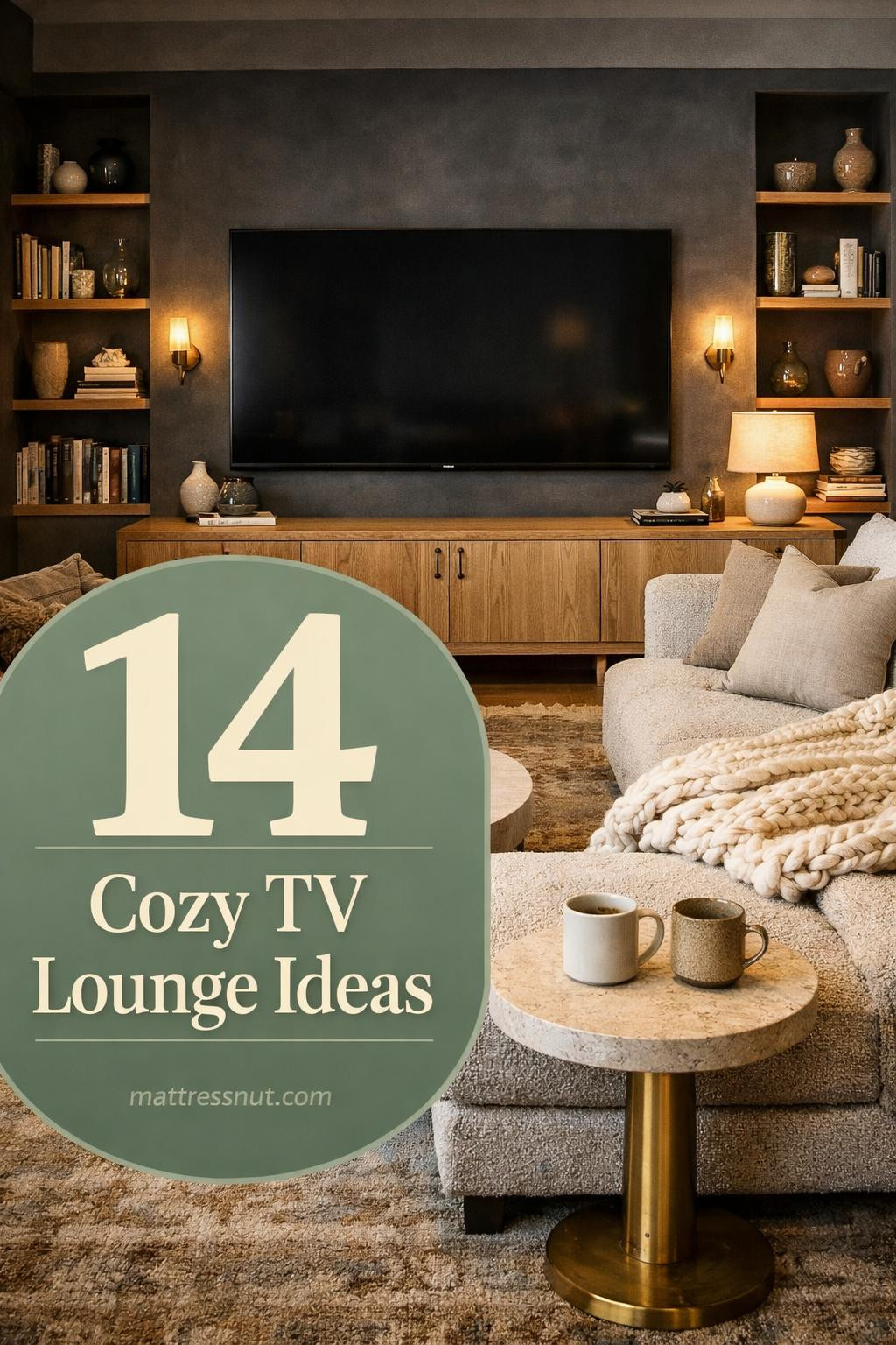 Modern living room featuring plush sectional sofa facing wall-mounted television with warm ambient lighting fixtures