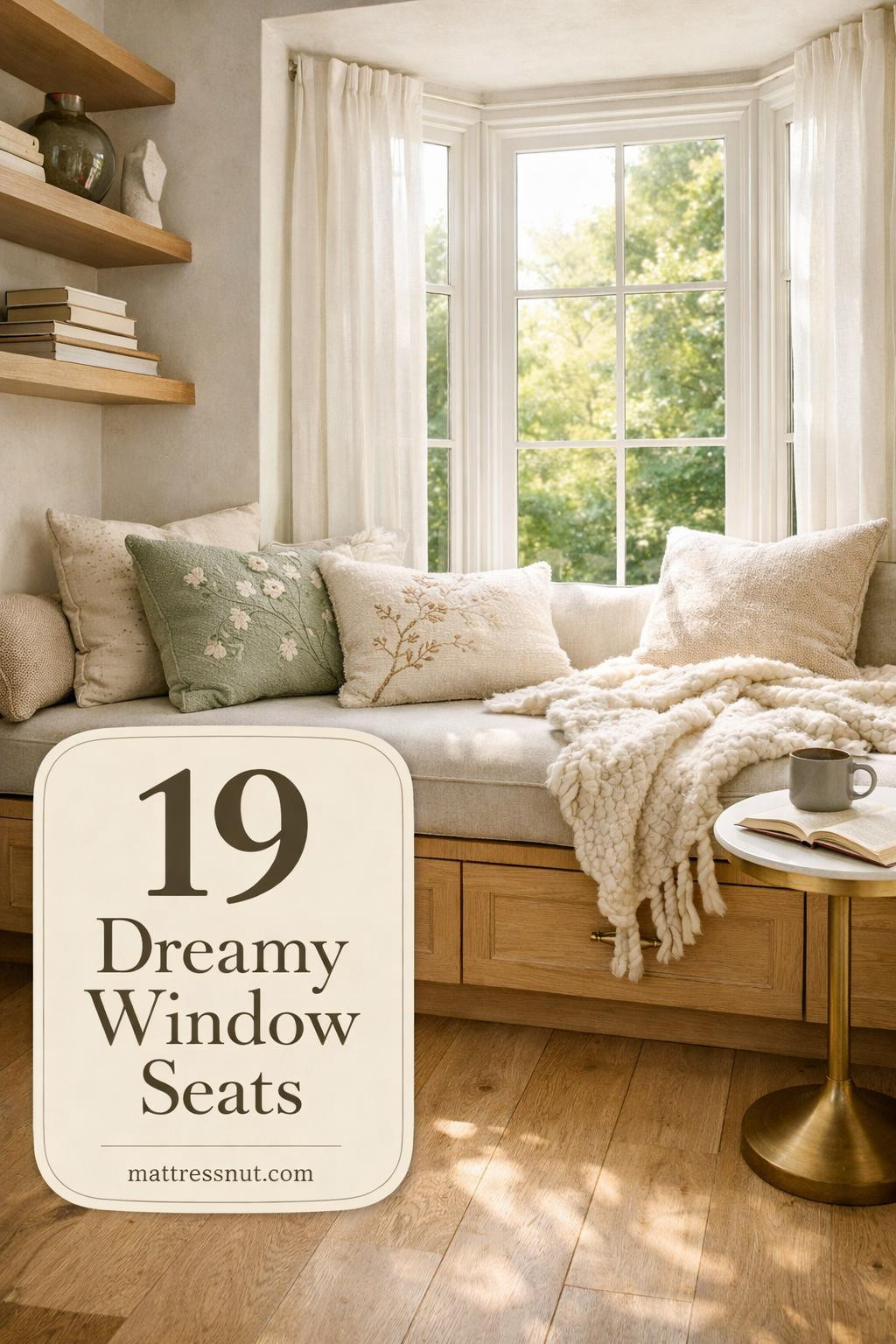 Built-in window seat with cushions, throw pillows, and storage drawers beneath large windows with natural light
