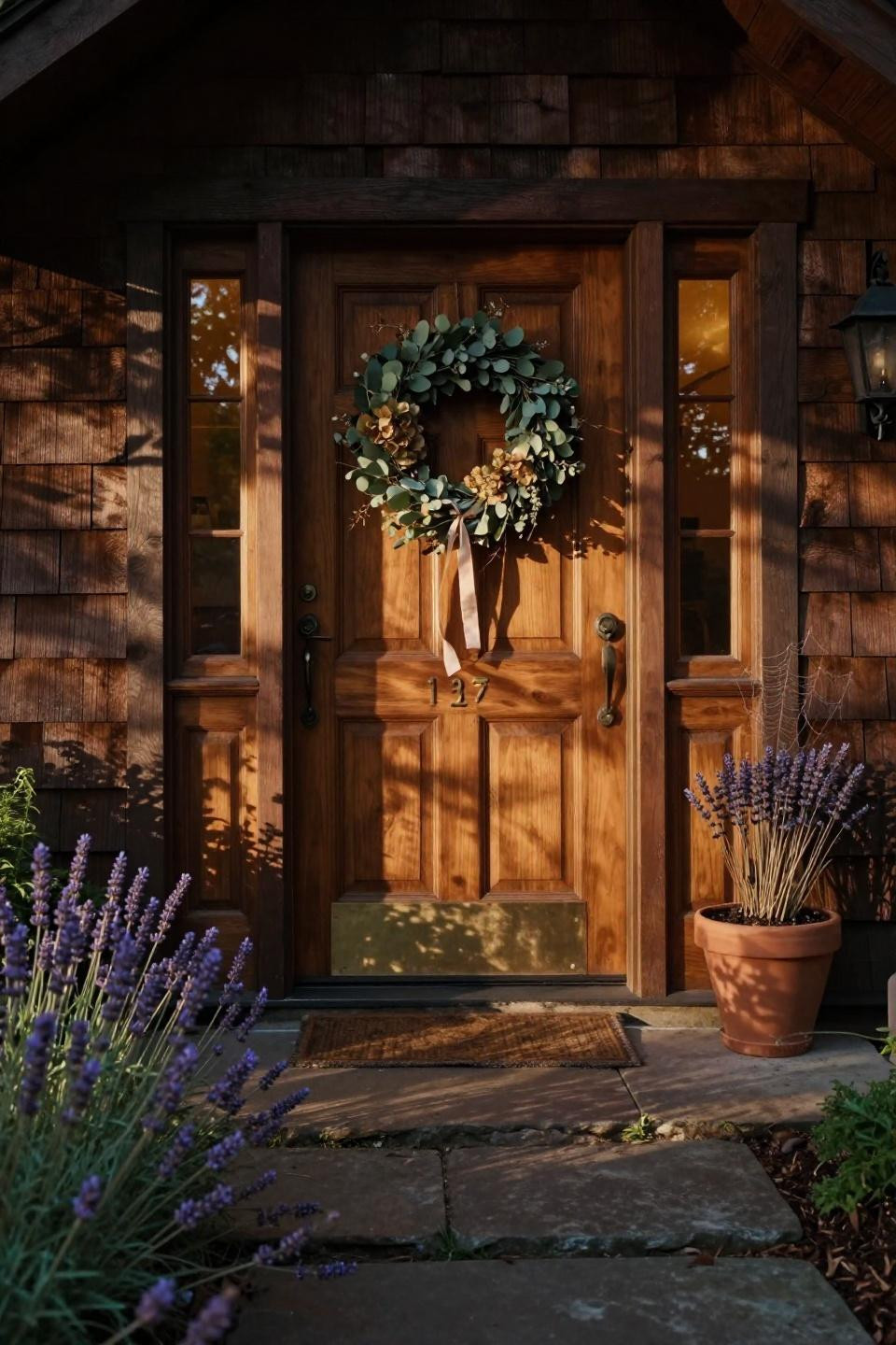 craftsman mahogany front door with beveled glass sidelights in cedar-shake cottage surrounded by forest
