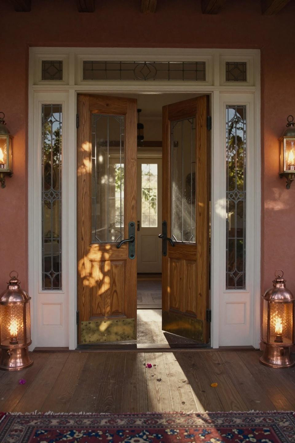 craftsman pocket doors in quartersawn white oak with beveled glass panels and hand-forged copper hardware in spanish colonial home