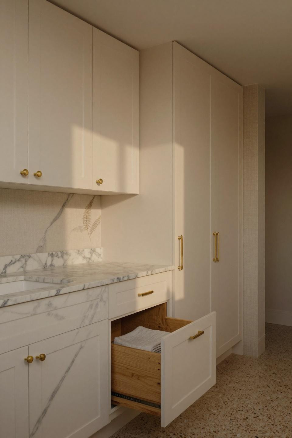 cream lacquer bathroom cabinets with calacatta marble countertop brass hardware and beige linen wainscoting