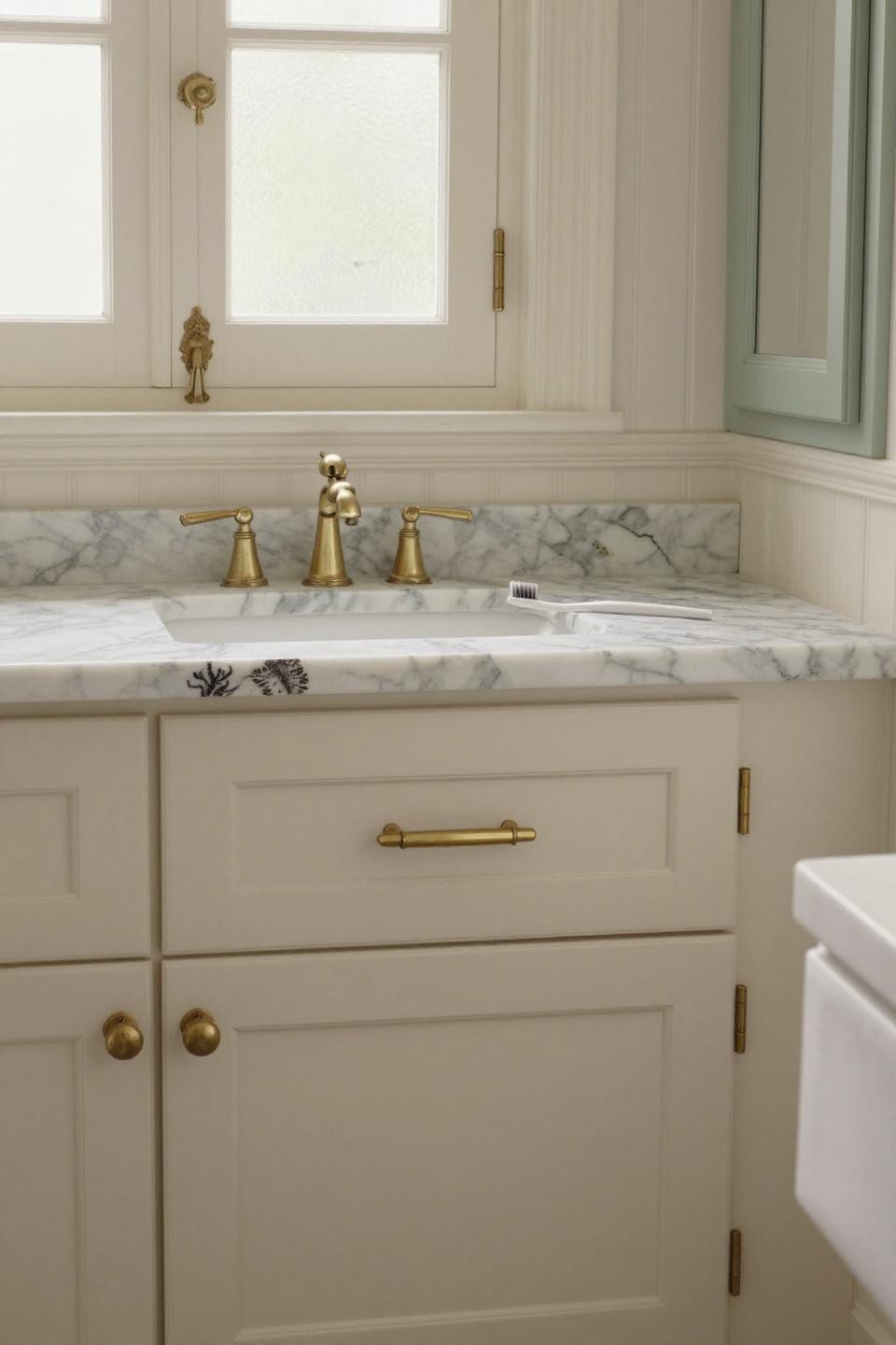 cream shaker bathroom cabinets with wainscoting unlacquered brass hardware and calacatta marble vanity fossil detail
