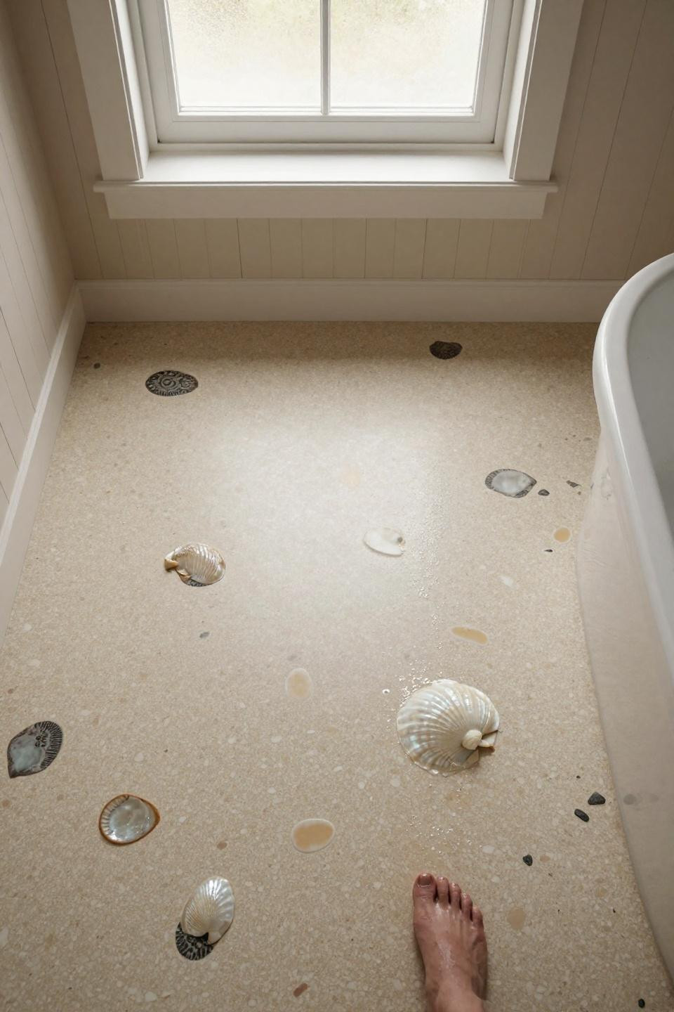 bathroom flooring ideas with warm cream terrazzo featuring oversized vintage italian marble chips and fossilized pearlescent shells