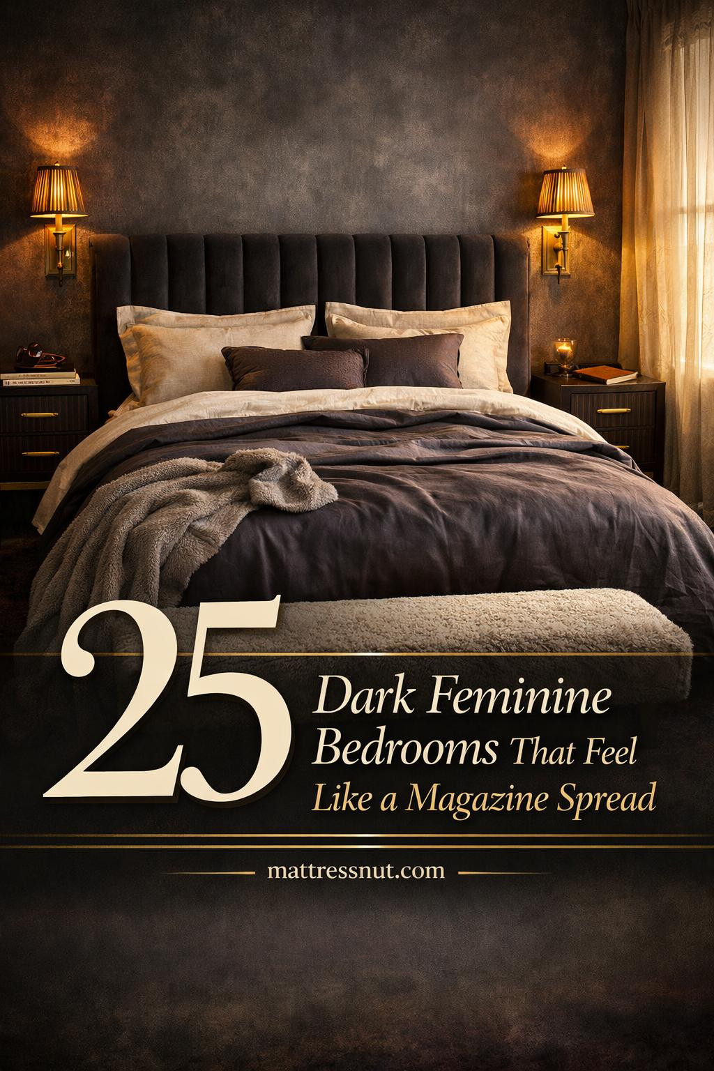 Luxurious bedroom featuring deep charcoal walls, velvet upholstery, ornate gold accents, romantic lighting, and plush textures
