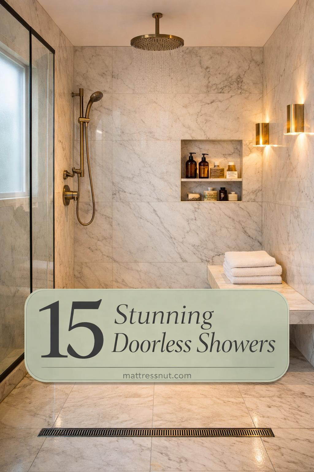 Spacious walk-in shower with glass partition, rainfall showerhead, white subway tiles, and natural stone floor