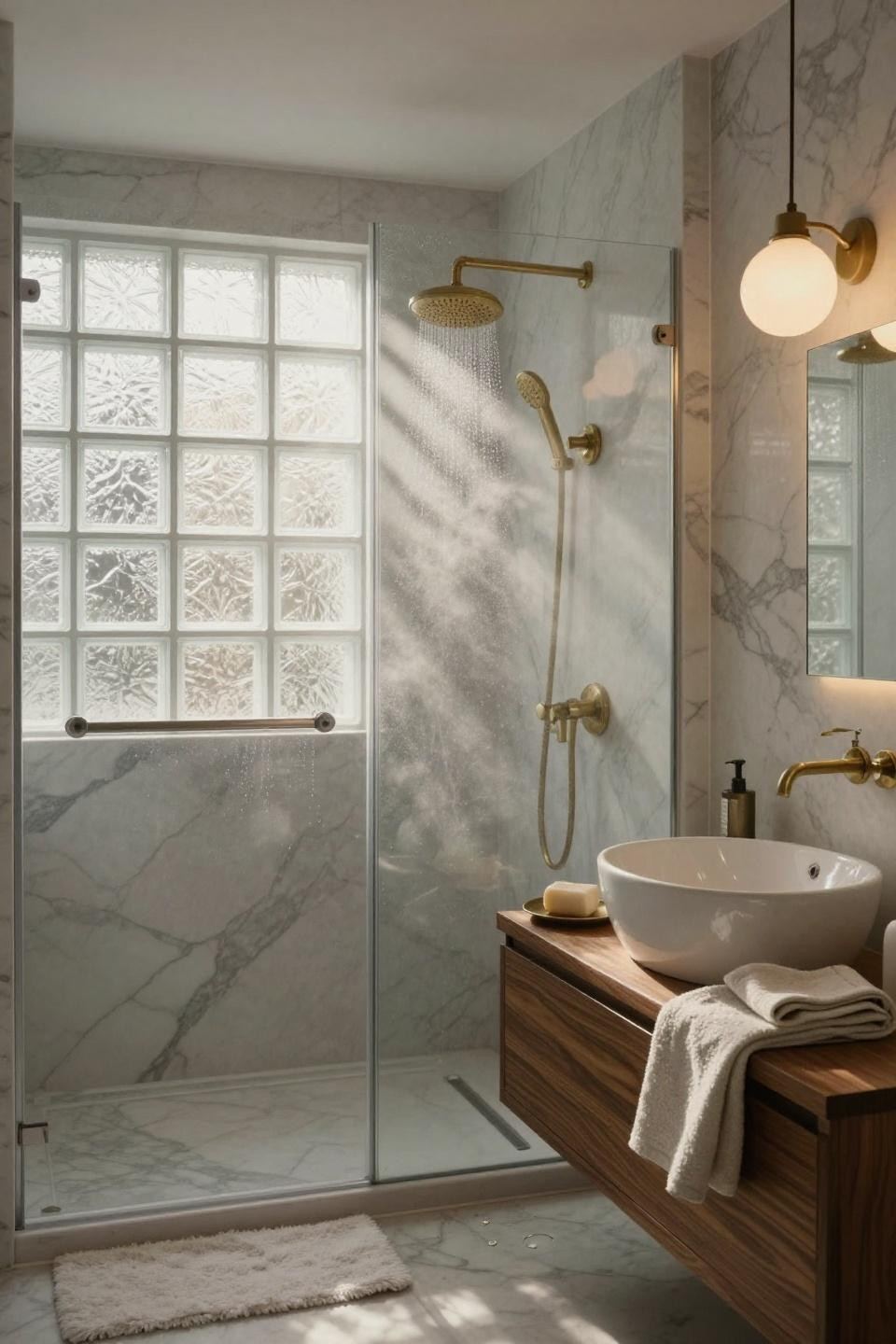 shower area design showing honed carrara marble half wall partition with brass rainfall showerhead and walnut floating vanity