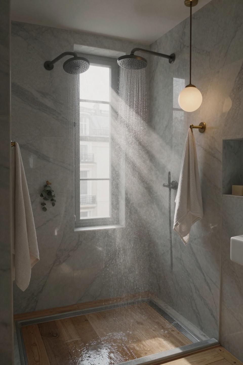 walk through showers with dual rainfall showerheads and honey toned teak slat flooring in parisian haussmann penthouse