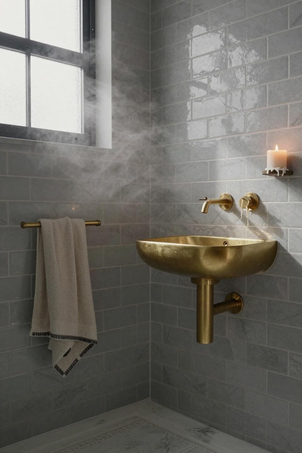 walk in shower with wall no door showing polished carrara marble and wall mounted brass pedestal sink with dove gray subway tiles