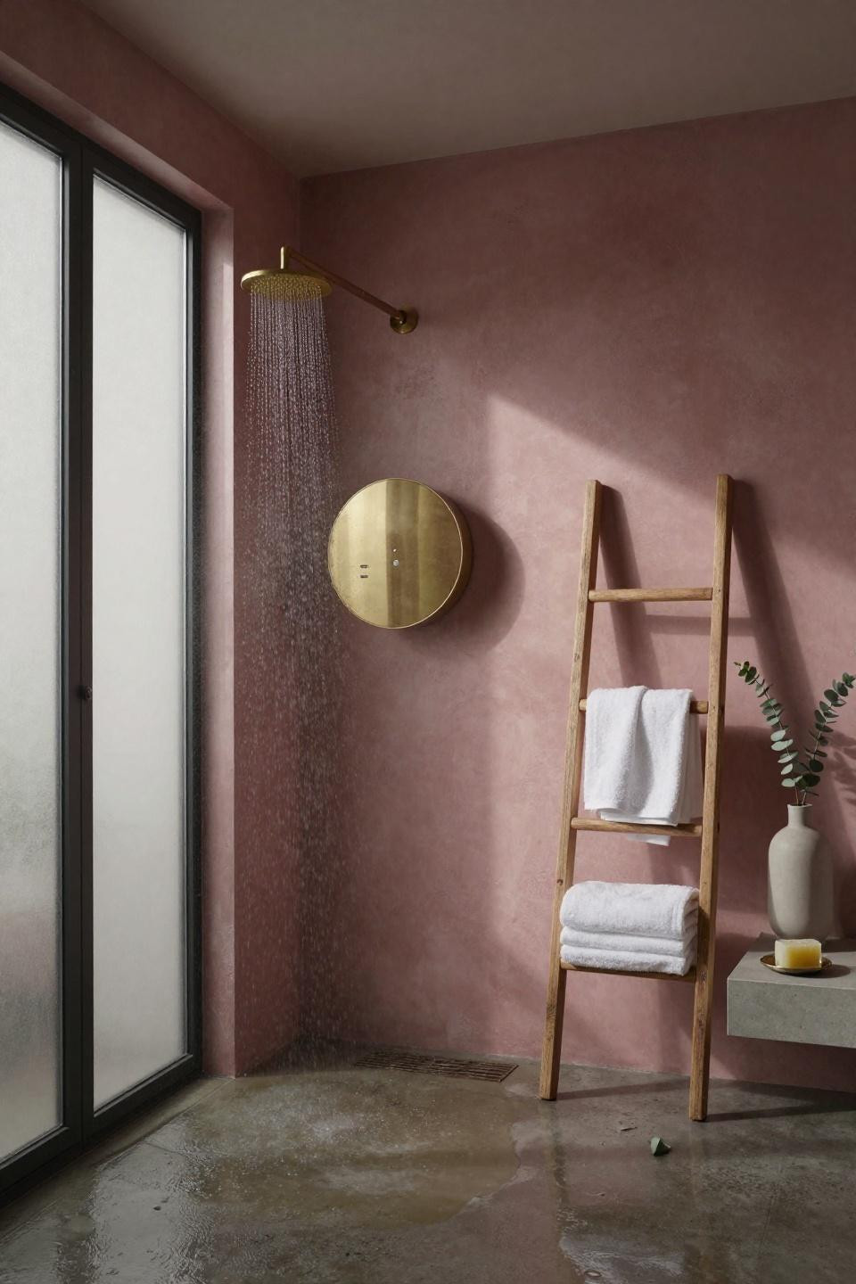 bathroom shower area with sage green crackle glaze ceramic tiles and unlacquered brass rainfall showerhead showing natural patina