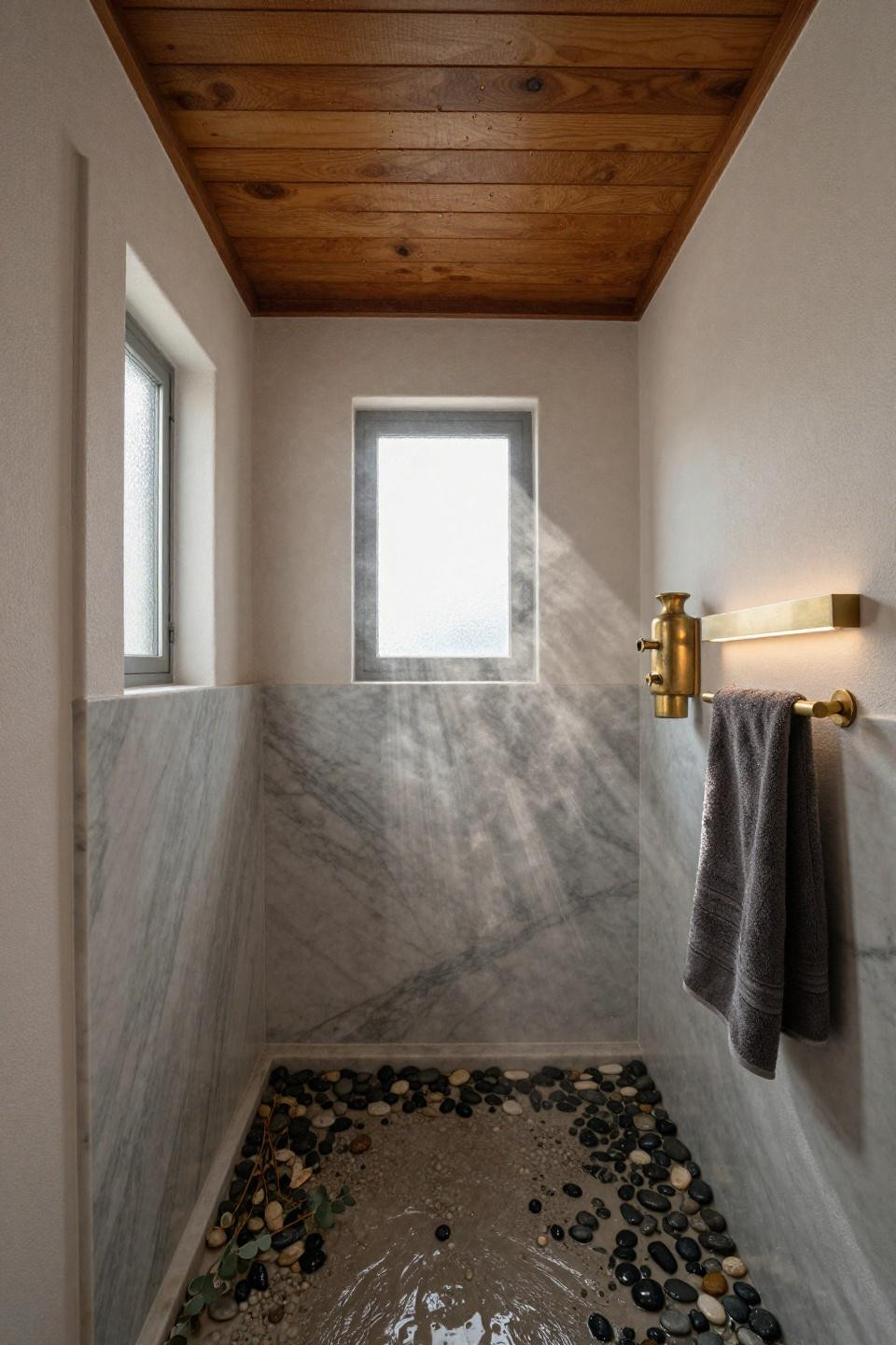 no glass shower walk in with honed carrara marble half wall and river stone pebble floor in coastal villa bathroom