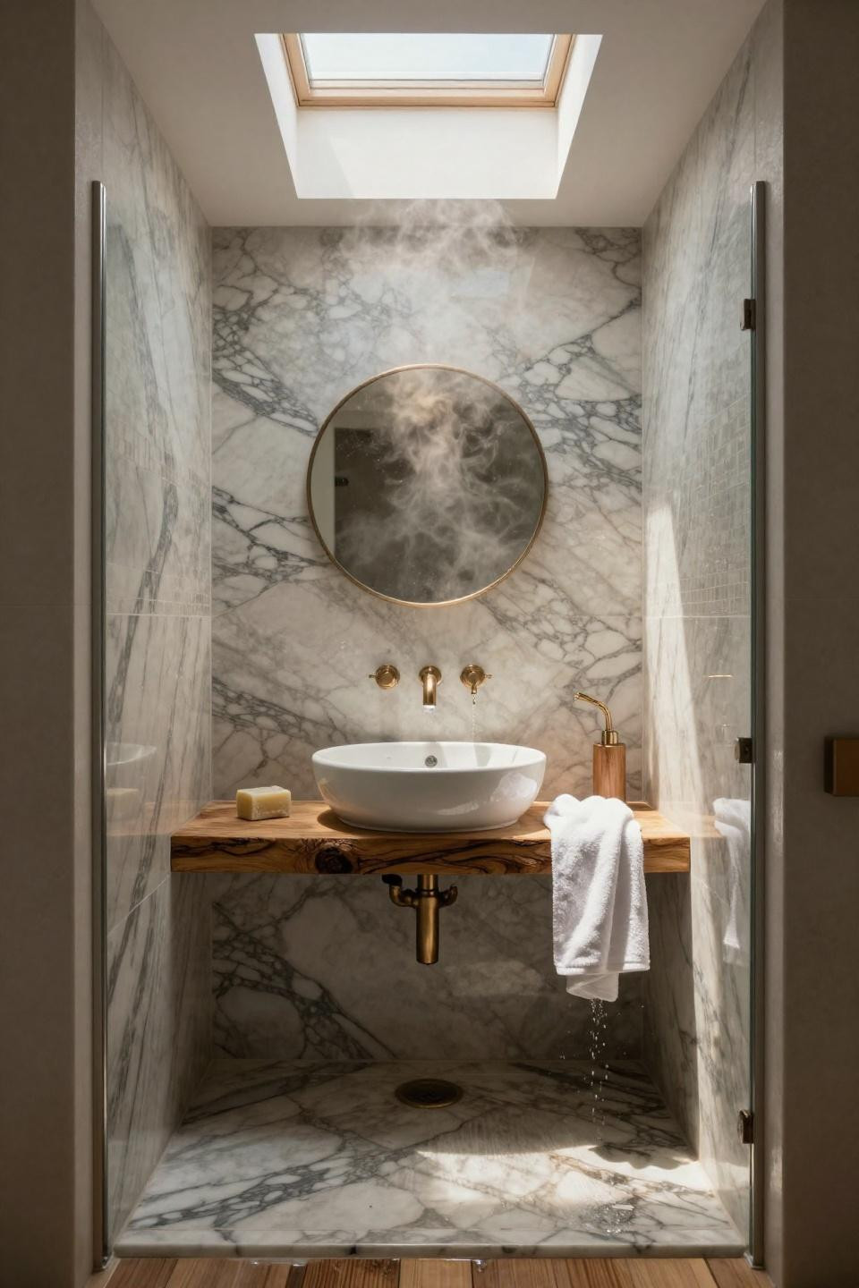 zero entry shower ideas with overhead skylight and hand laid calacatta marble mosaic walls in santorini villa bathroom