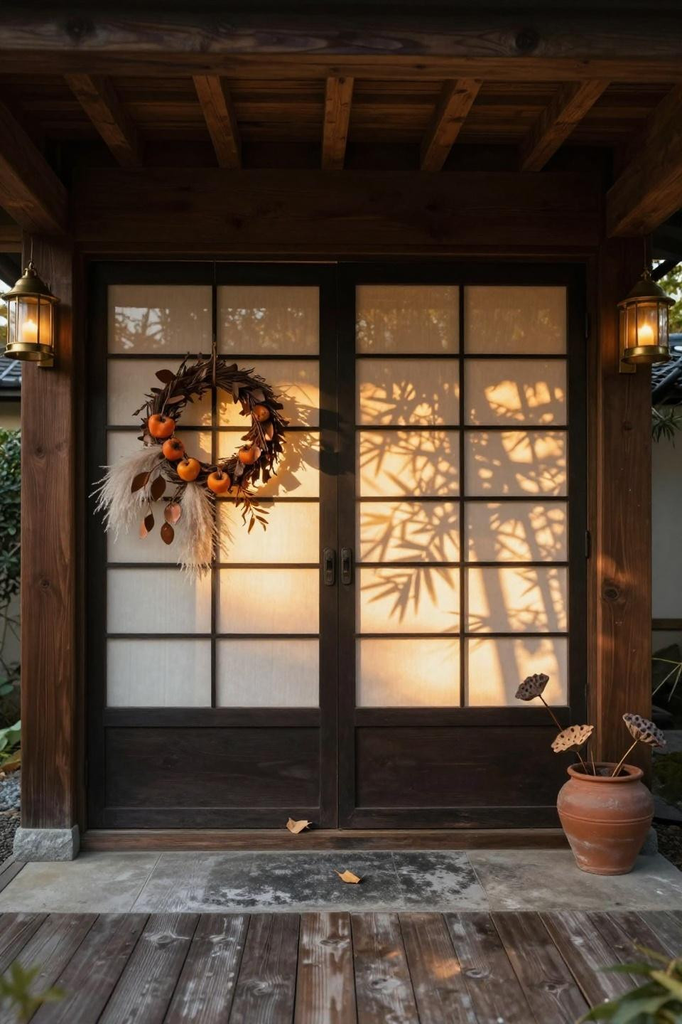 twelve-foot shoji-style sliding screen doors in charcoal oak with rice paper panels and seasonal persimmon wreath