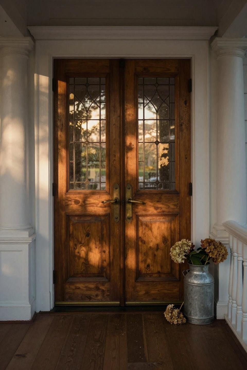 ten-foot reclaimed oak double doors with leaded glass panels and unlacquered brass hardware in charleston georgian estate