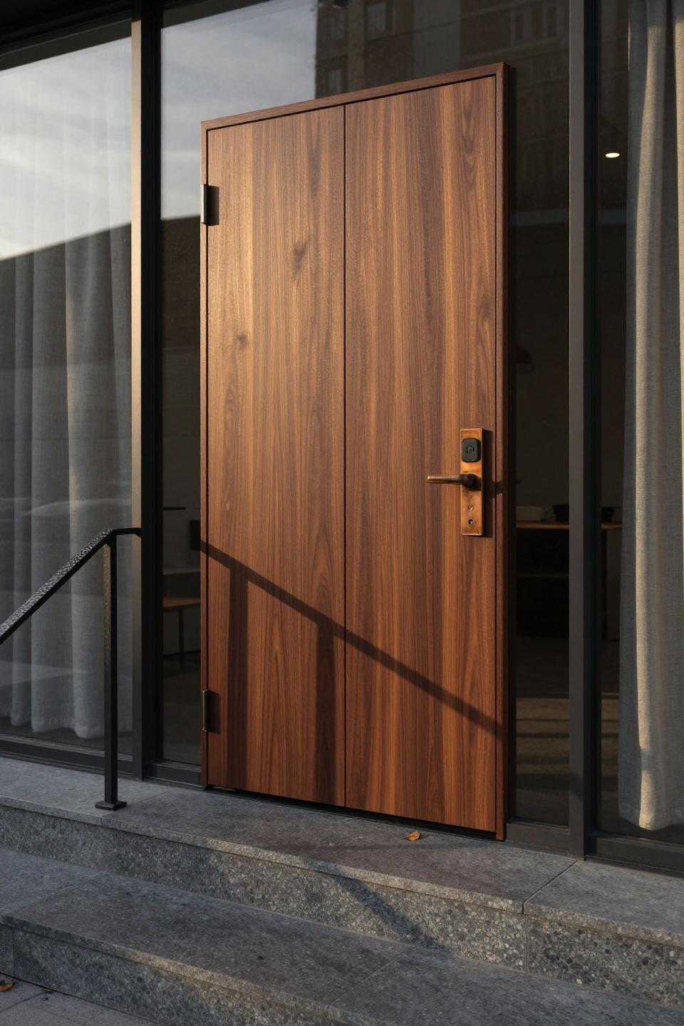 dark walnut pivot double doors with vertical grain and aged bronze hardware flanked by floor-to-ceiling glass panels