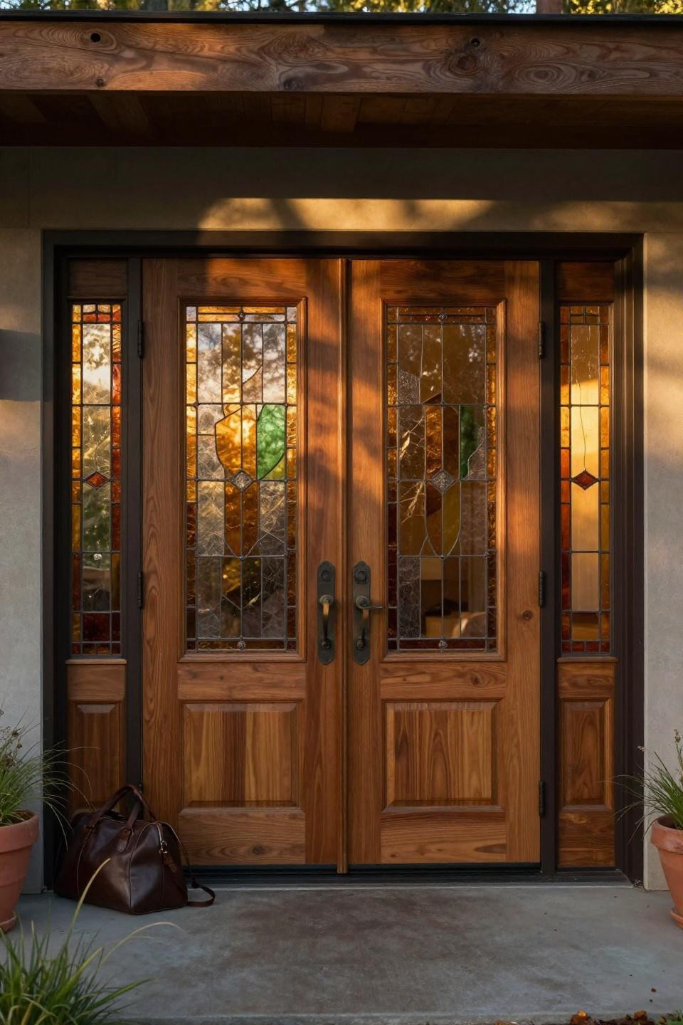 contemporary douglas fir double doors with custom stained glass panels casting amber and sage caustics on concrete floor