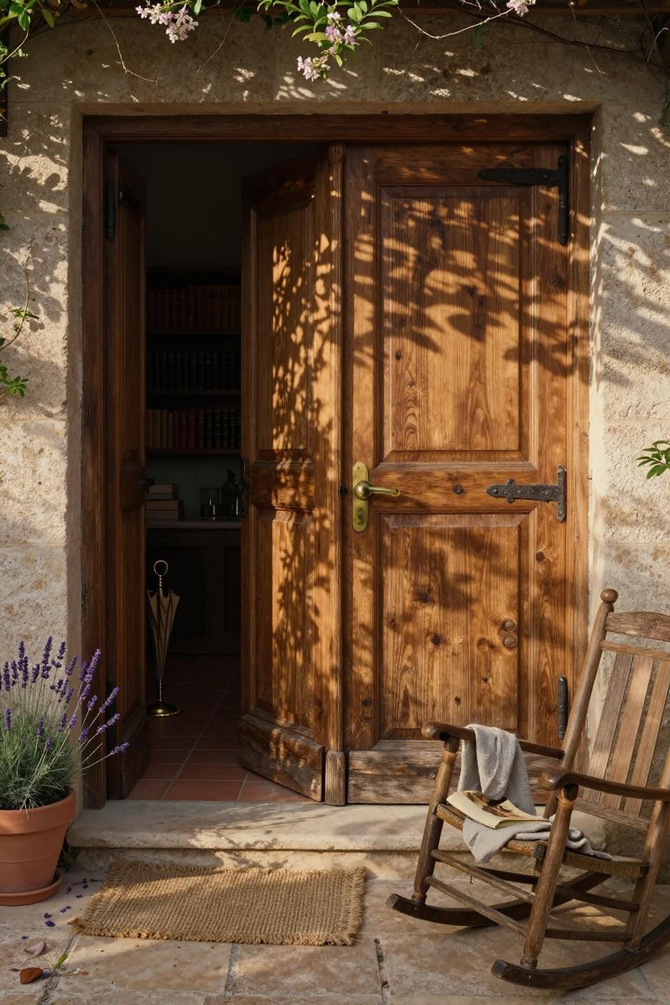 reclaimed oak double doors with iron strap hinges and hidden bookshelf mechanism in provencal stone facade