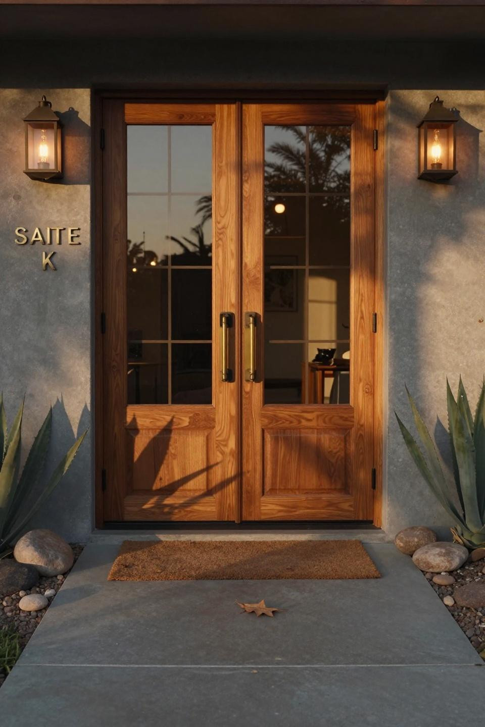 mid-century modern teak double doors with geometric frosted glass panels and unlacquered brass pulls in palm springs