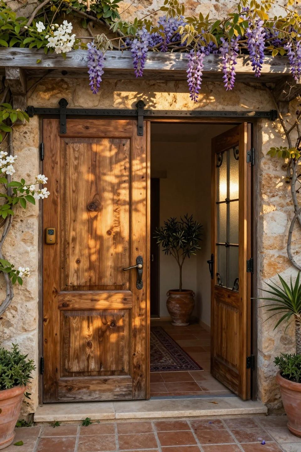 hand-carved reclaimed oak barn doors on exposed steel track with frosted glass panels and bronze hardware