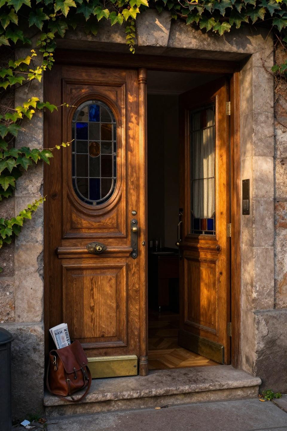 scandinavian reclaimed oak double doors with round porthole window and unlacquered brass hardware on copenhagen facade
