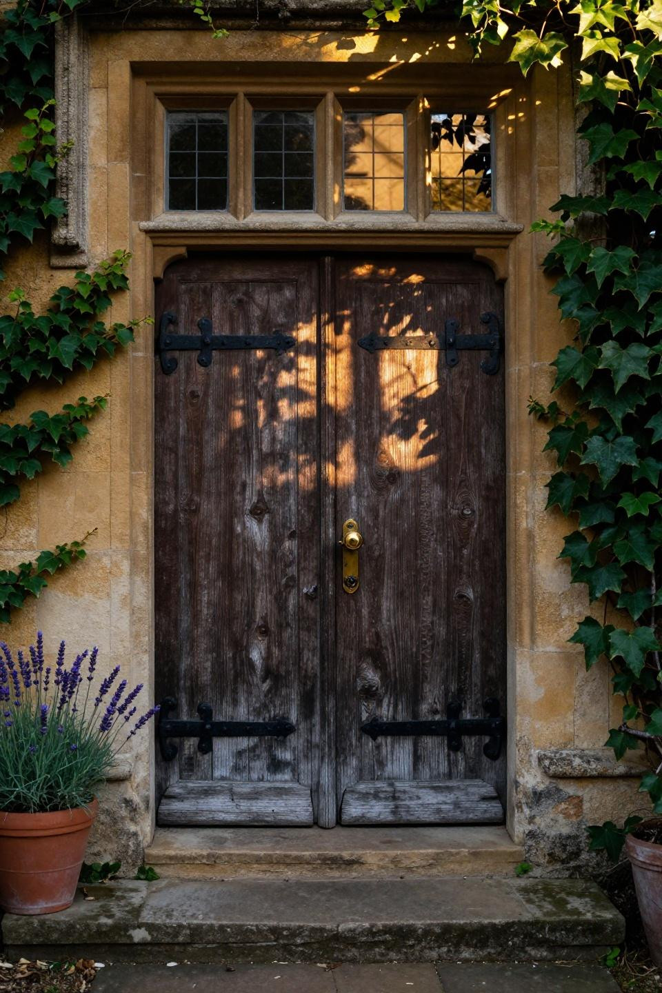 cotswolds stone manor with weathered oak double front doors featuring hand-forged iron clavos and climbing ivy