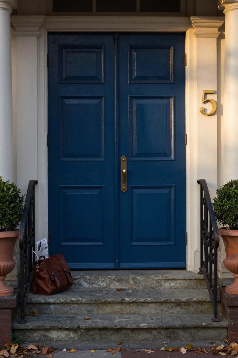 traditional six-panel double doors painted prussian blue with unlacquered brass hardware in new england colonial estate