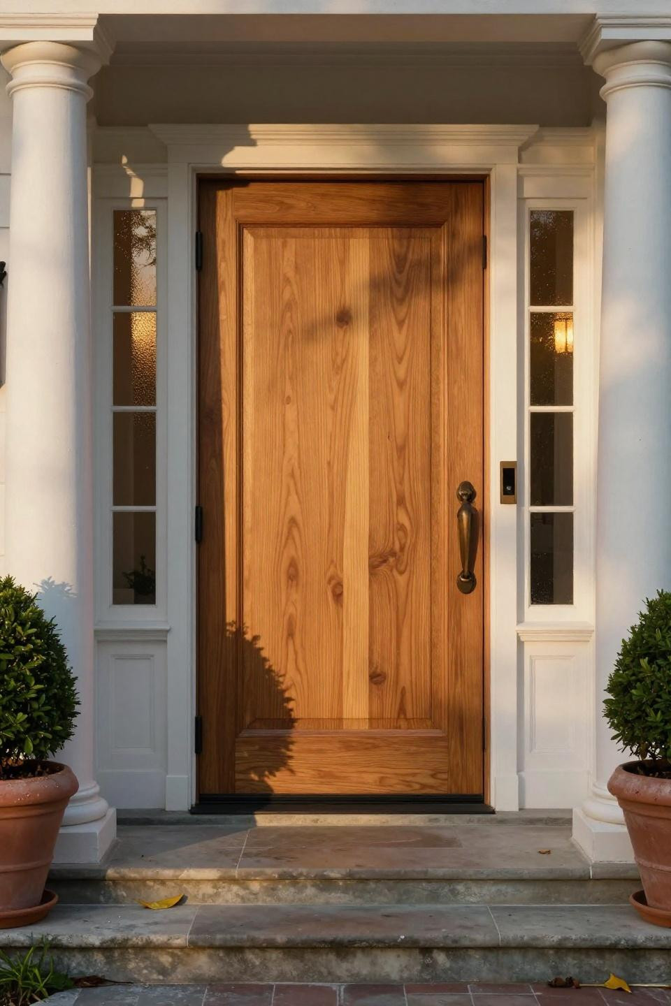 twelve-foot white oak single pivot door with brushed bronze handle flanked by fluted doric columns in hamptons estate