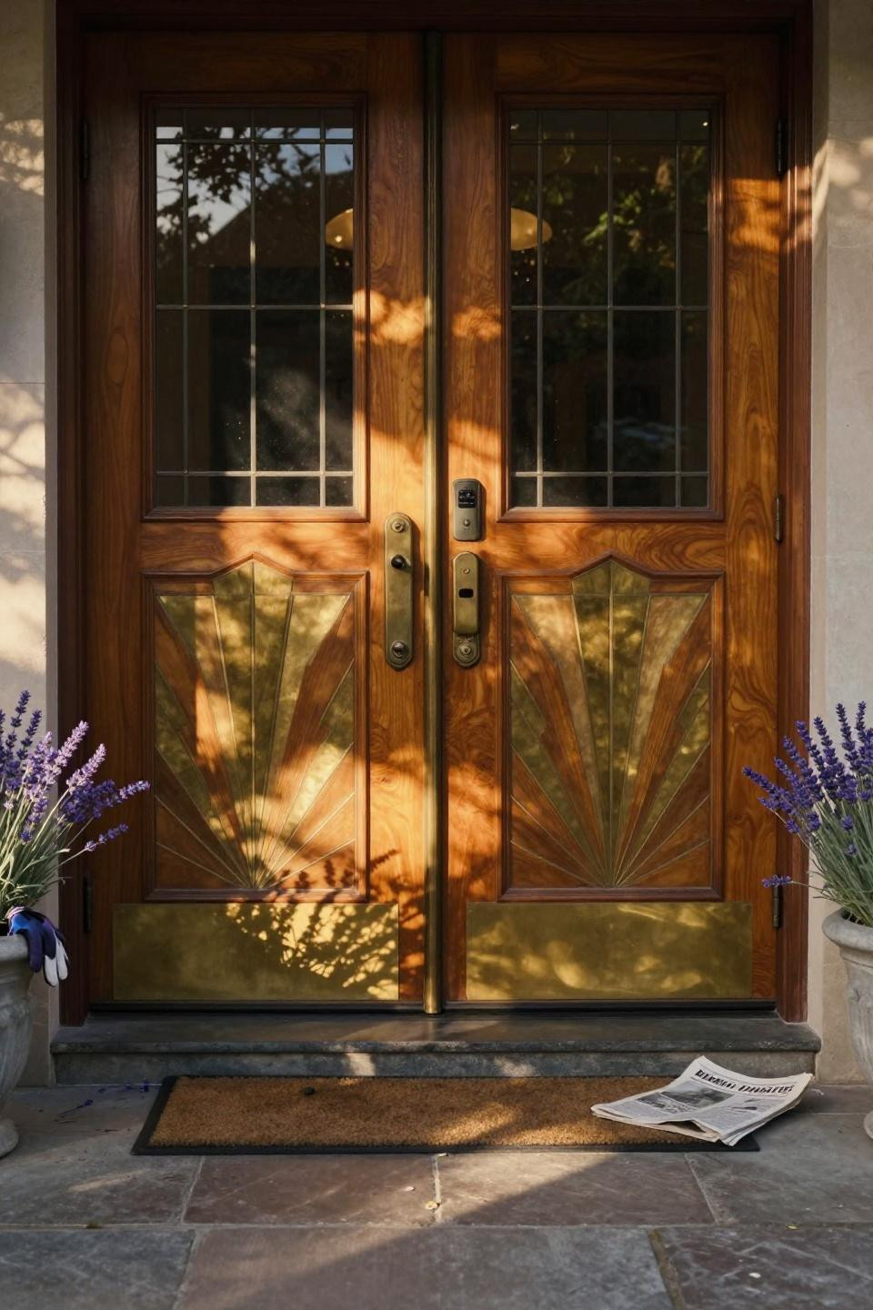 art deco honey walnut double doors with geometric brass sunburst inlay and beveled glass panels in pasadena estate