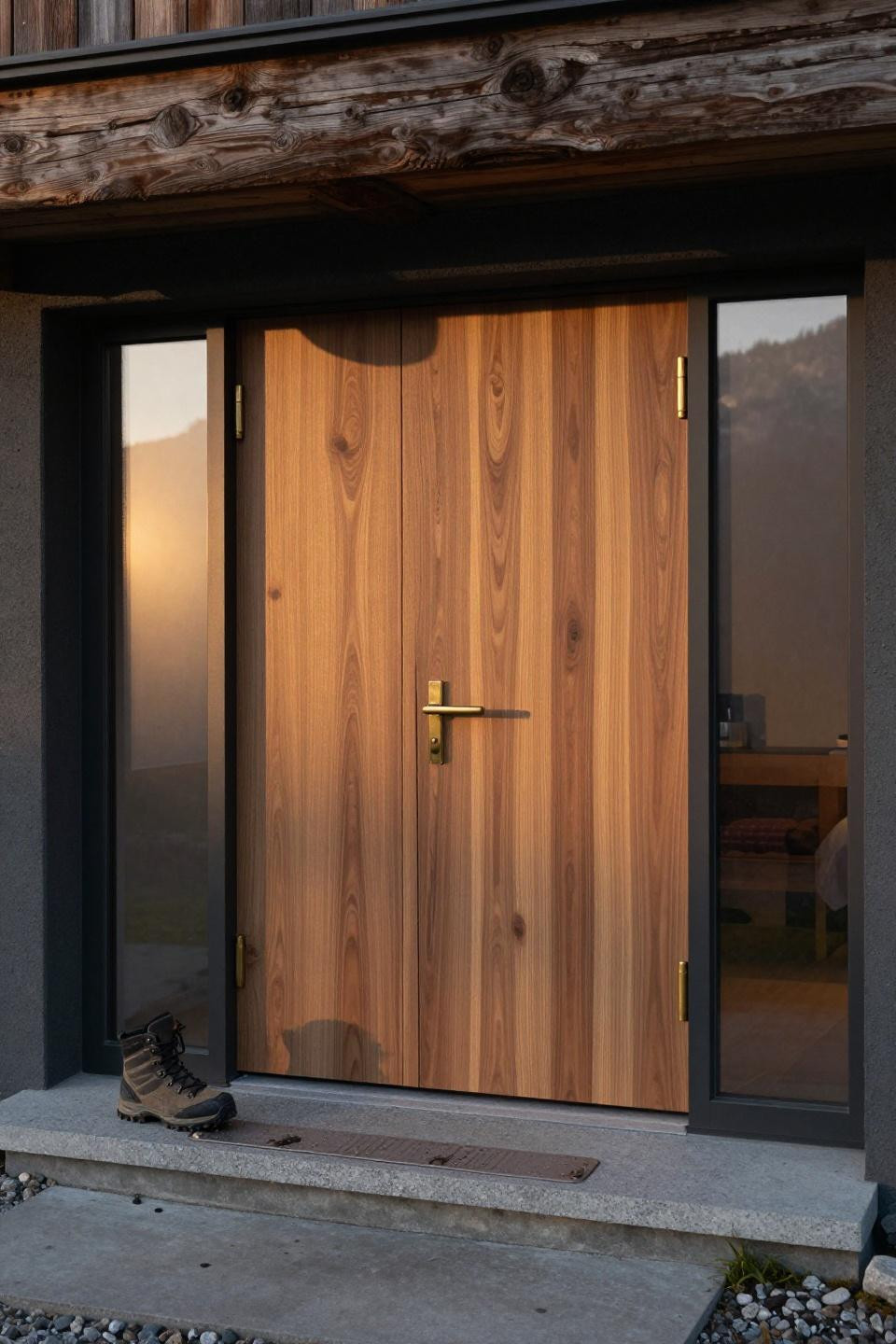 contemporary walnut veneer flush double doors with concealed brass hinges and exposed timber beam overhang in swiss chalet