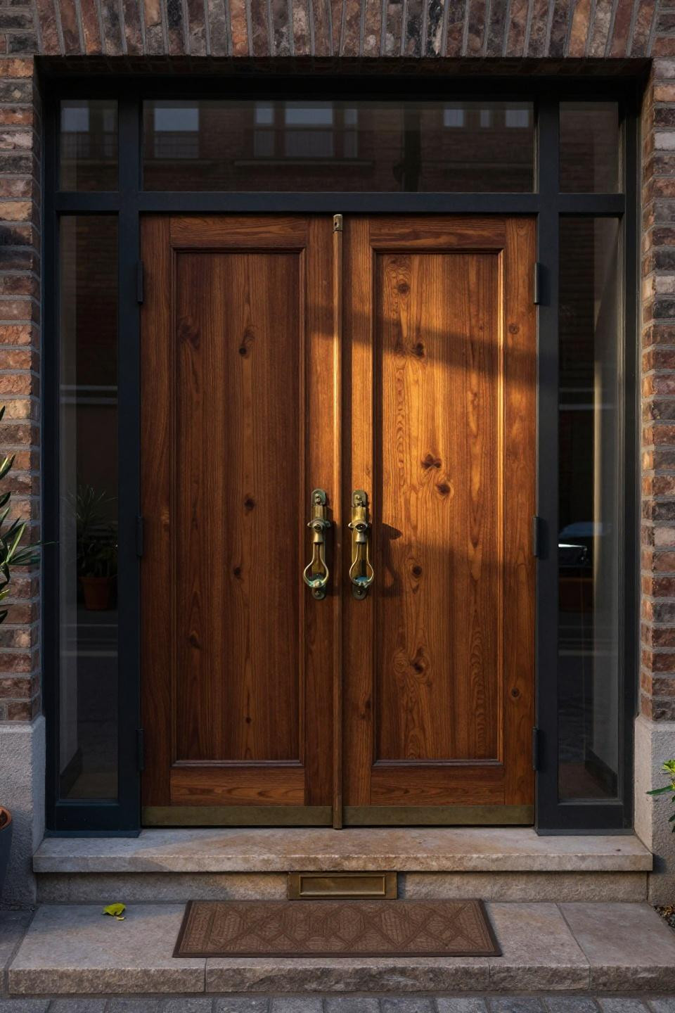 monumental dark walnut pivot doors with aged brass hardware and floor-to-ceiling glass panels in copenhagen townhouse