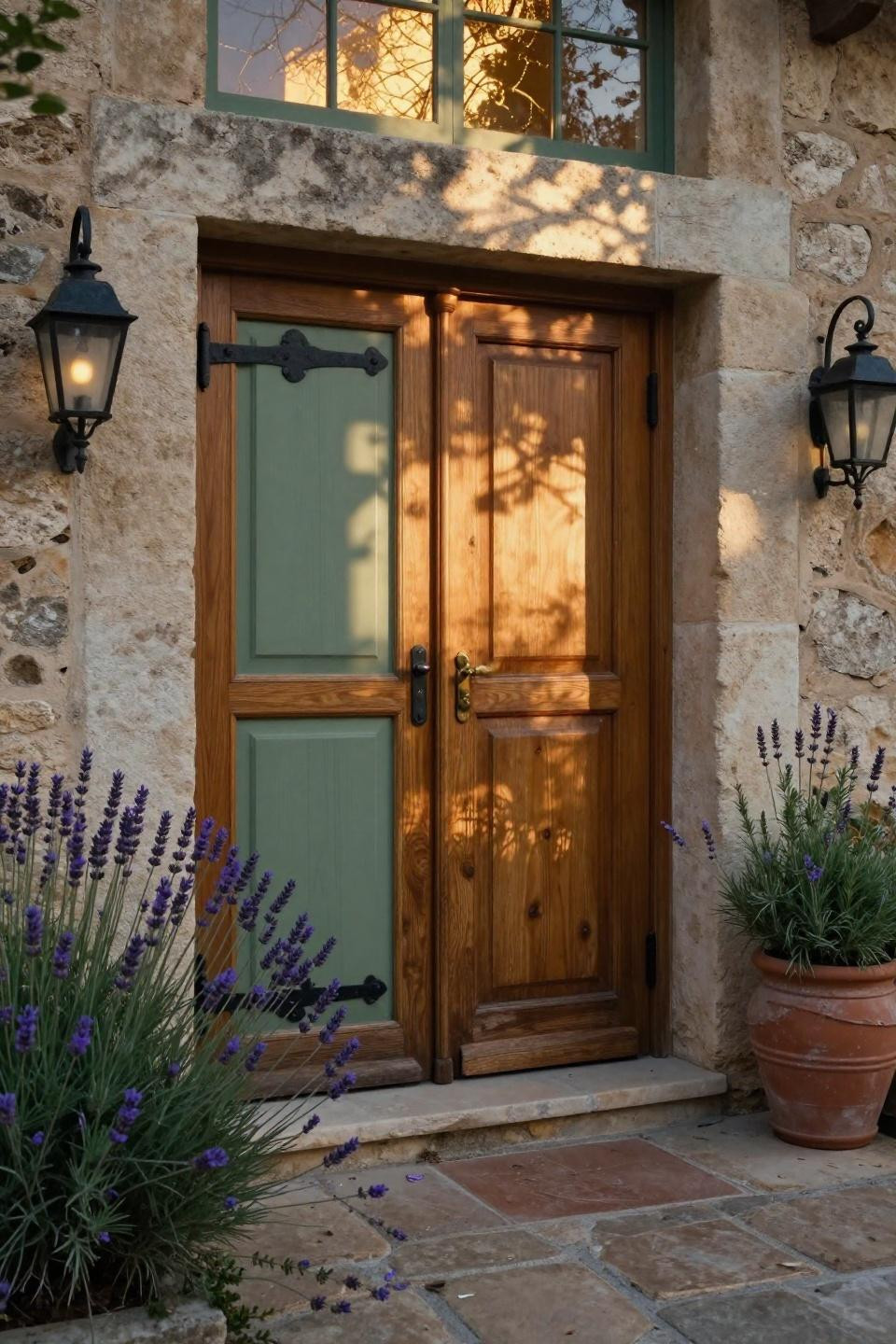 hand-carved sage green painted double doors with honey oak frames and iron strap hinges in provencal stone manor